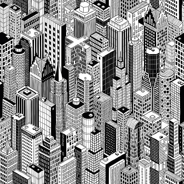 ilustraciones, imágenes clip art, dibujos animados e iconos de stock de rascacielos de la ciudad de patrón continuo-grande - new york city