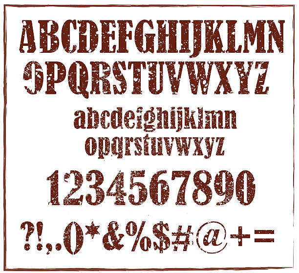 늙음 복고풍 고무도장 알파벳, 숫자 및 징후 벡터 - rubber stamp typescript alphabet letterpress stock illustrations