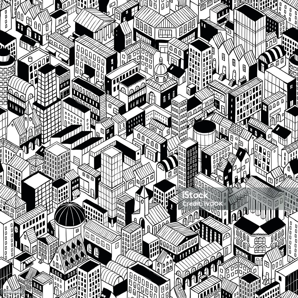 City Seamless Pattern Isometric - Large City Seamless Pattern is isometric doodle drawing of different building's types. Illustration is in eps8 vector mode, pattern is repetitive. Row House stock vector