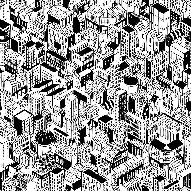 City Seamless Pattern Isometric - Large vector art illustration