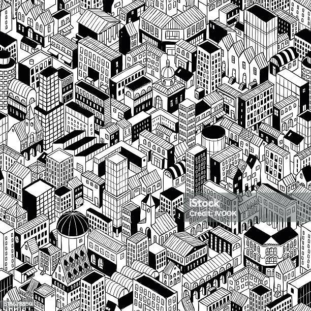 City Seamless Pattern Isometric Large Stock Illustration - Download Image Now - Row House, Drawing - Activity, Retro Style