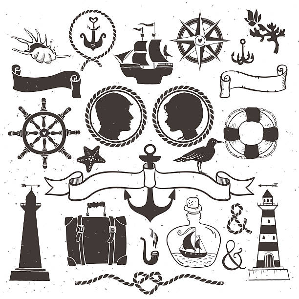 Mar viagem romântica.  Vintage Elementos desenhados à mão - ilustração de arte em vetor