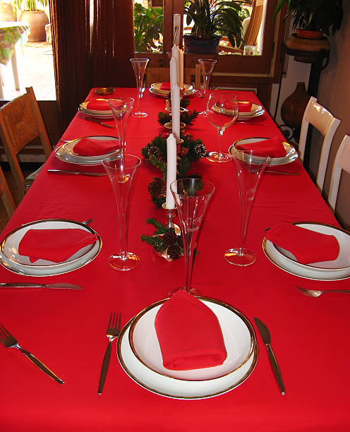 istock Christmas table in red with typical decoration 518643929
