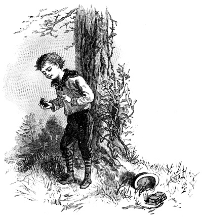 A 19th century illustration of a young child hiding in the plants behind a garden hedge next to a rustic arch, she is playing Hide and Seek.