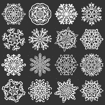 Set of 16 isolated elements on dark background. Template for christmas winter design