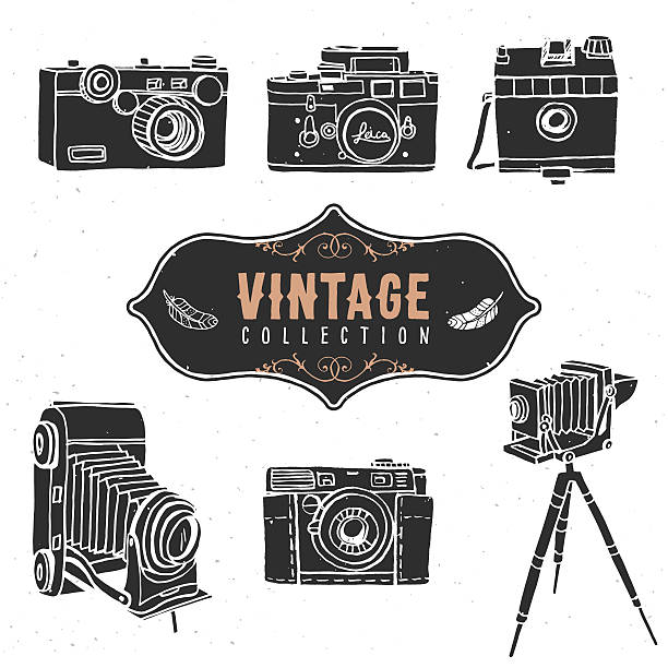 Vintage retro old camera collection. Hand drawn vector illustrations. Vol.1 vintage camera stock illustrations