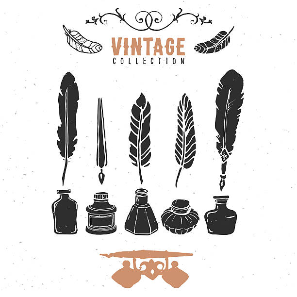Vintage retro old nib pen feather ink collection. Hand drawn vector illustrations. Vol.9 ink well stock illustrations
