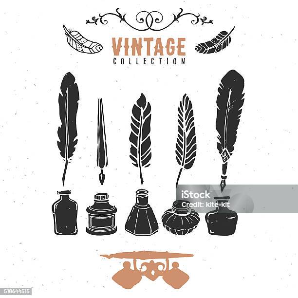 Vintage Retro Old Nib Pen Feather Ink Collection Stock Illustration - Download Image Now - Quill Pen, Ink Well, Ink