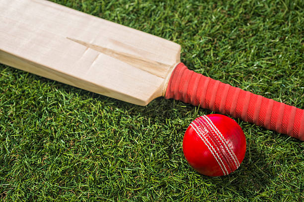istock Red Cricket ball and bat sitting in grass sitting 518648050