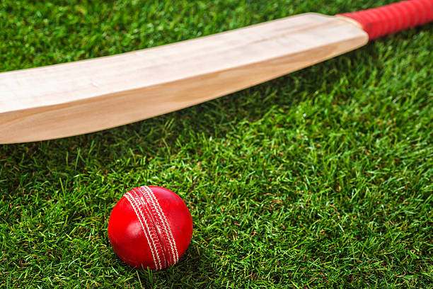 istock Red Cricket ball and bat sitting in grass sitting 518648098