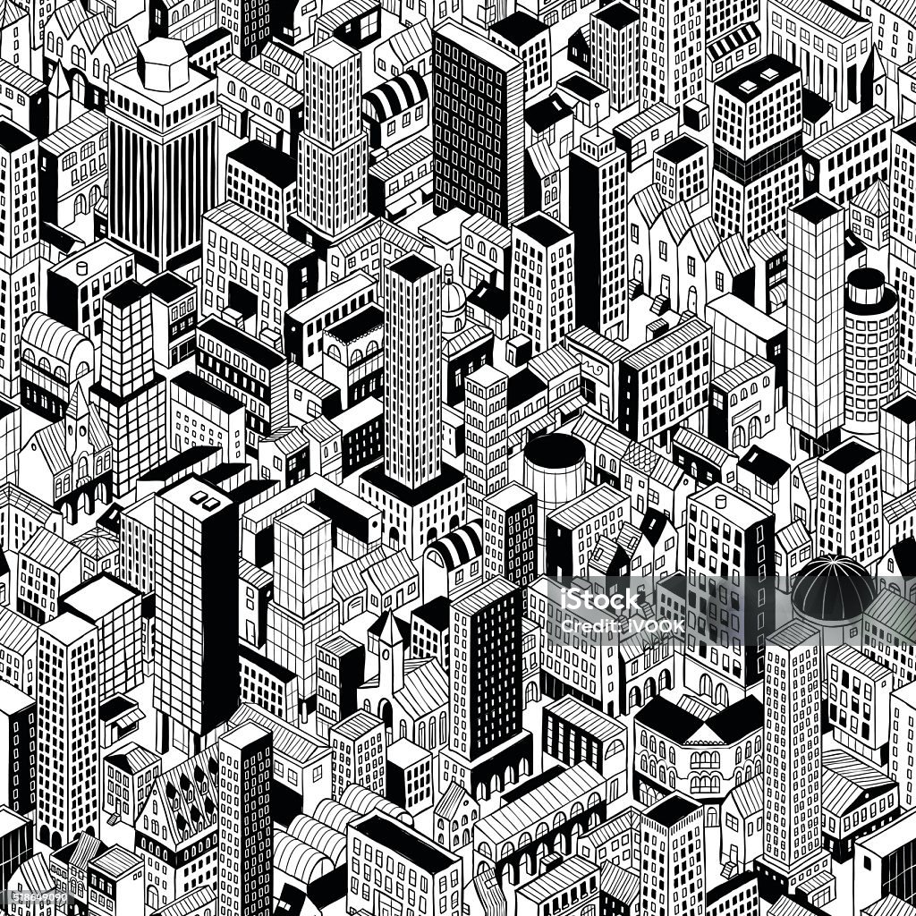 Generic City Seamless Pattern Isometric Generic City Seamless Pattern in isometric projection is hand drawing of different buildings (skyscrapers and low-rise). Illustration is in eps8 vector mode, pattern is repetitive. City stock vector