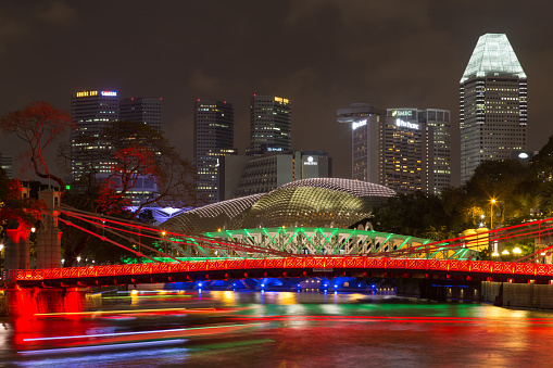 Singapore, Singapore - February 02, 2015: Famous Cavenagh bridgeby night