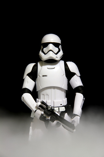 Vancouver, Canada - January 25, 2016: A First Order Stormtrooper model from the Star Wars film franchise. The toy is part of the Black Series, from Hasbro.