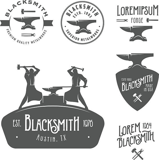 stockillustraties, clipart, cartoons en iconen met set of vintage blacksmith labels and design elements - aambeeld