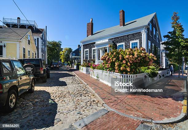 Hydreangas On Ash Street Stock Photo - Download Image Now - Nantucket, House, Cobblestone