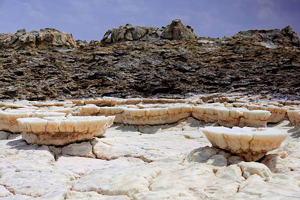Soil-Dallol mountain rising 50-60 ms.over the salt flats. Danakil-Ethiopia. 0312 Soil of Dallol mount rising over the surrounding flats of Lake Karum or Assale. Colored deposits of sylvite -KCL- carnallite -KMGCL3.6(H2O)- and kainite -KMG(SO4)CL.3H20. Danakil-Afar region-Ethiopia. dallol ethiopia stock pictures, royalty-free photos & images