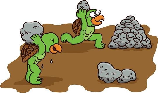 Cartoon illustration of two turtles racing while carrying rocks to build stack of rocks