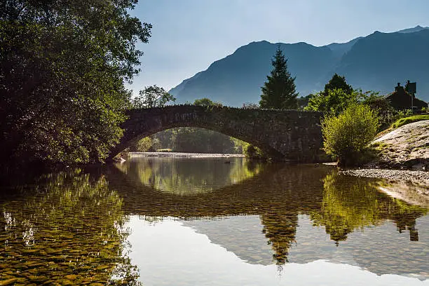 Grange Bridge at the village of Grange over the River Derwent in the Lake District