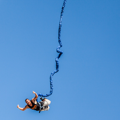 Sacramento, United States - July 27, 2014: Jumping from the platform, tethered by an elastic cord, a bungee jumper at California State fair, California