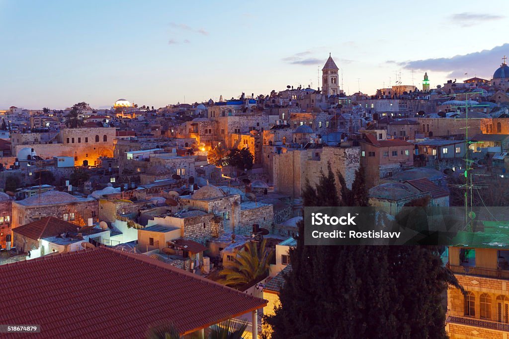 Jerusalem Old City at Night, Israel Jerusalem Old City and Mount of Olives at Night, Israel Aerial View Stock Photo