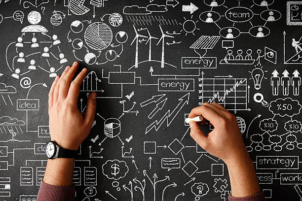istock Human hand drawing business strategy on black desk 518675254