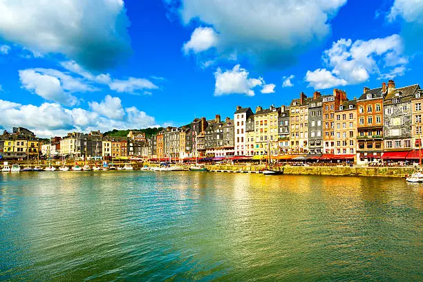 Honfleur famous village harbor skyline and water. Normandy, France, Europe.