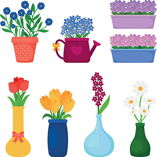 ilustraciones, imágenes clip art, dibujos animados e iconos de stock de flores de primavera en recipientes - chamomile plant chamomile bouquet wildflower
