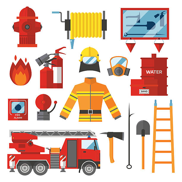 wektor zestaw strażacki bezpieczeństwa pożarowego płaskie ikony i symbole - fire engine flash stock illustrations