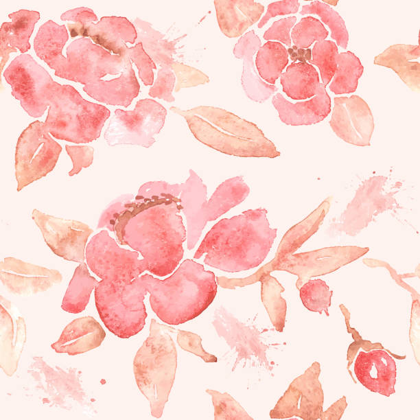 ilustrações de stock, clip art, desenhos animados e ícones de papel de parede sem costura peónia em aquarela com flores em vetor. - rose pink flower valentines day