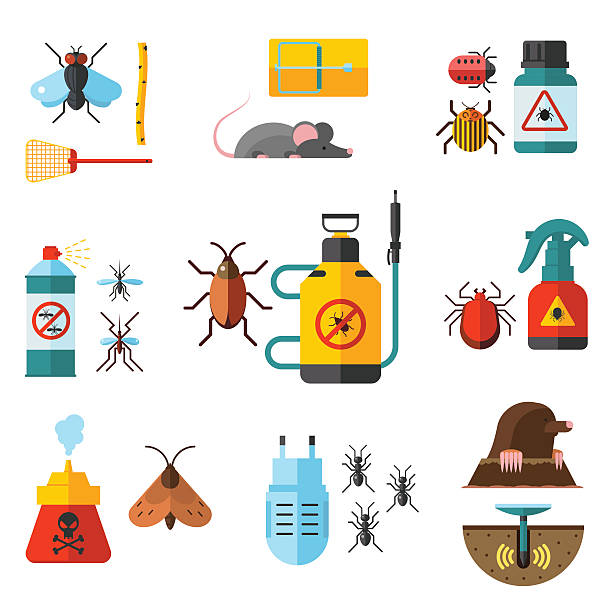 ilustrações, clipart, desenhos animados e ícones de casa de controle de pragas especialista exterminador de ícones definido com tv - service pest insect fly