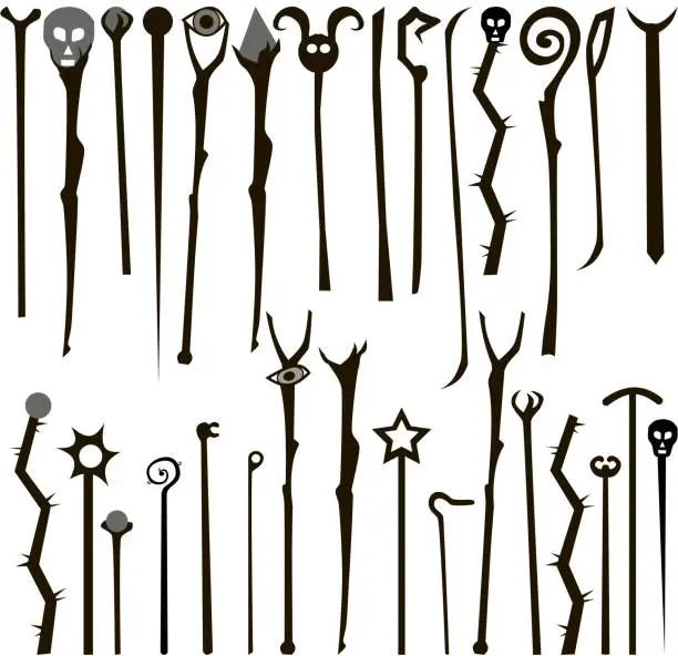 Vector illustration of Set magic wooden staff silhouette