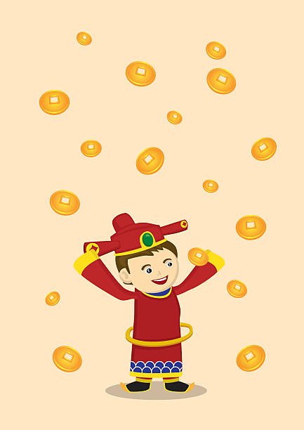 ilustraciones, imágenes clip art, dibujos animados e iconos de stock de dios de riqueza y caída de monedas de oro ilustración vectorial - greeting chinese new year god coin
