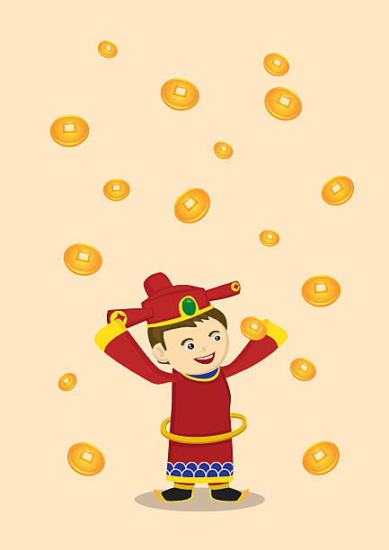 神のウエルスと落ちる金貨ベクトルイラスト - greeting chinese new year god coin点のイラスト素材／クリップアート素材／マンガ素材／アイコン素材