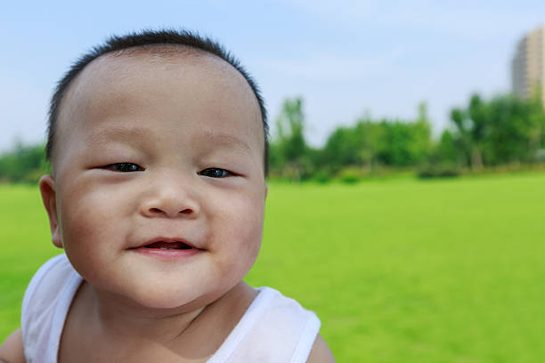 Happy Asian baby playing on the park grass
