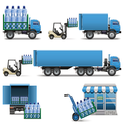 Vector icons of mineral water delivery, isolated on white background