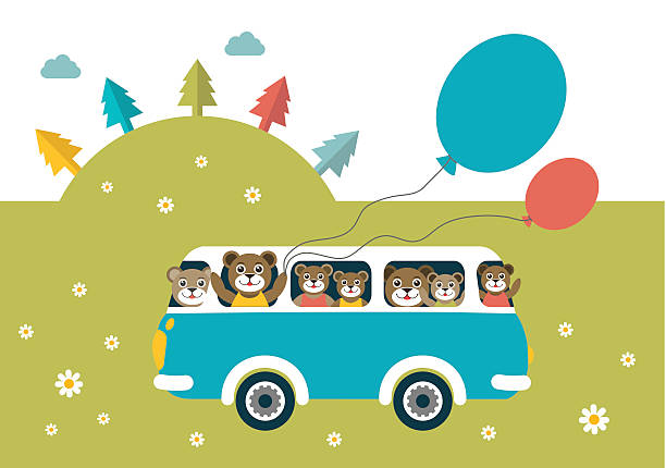 illustrations, cliparts, dessins animés et icônes de enfants thème.  bus avec happy ours. - plan flower arrangement single flower blue