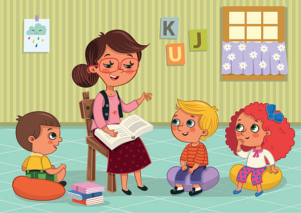 ilustraciones, imágenes clip art, dibujos animados e iconos de stock de profesores y estudiantes - preschool teacher