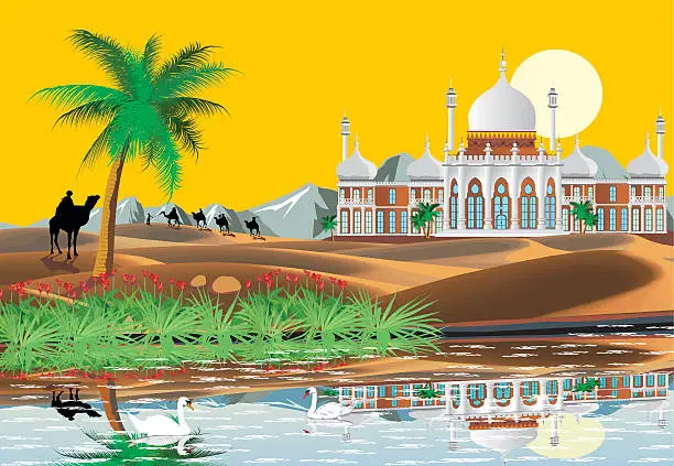 Vector illustration of Landscape. Arab Palace in the desert.