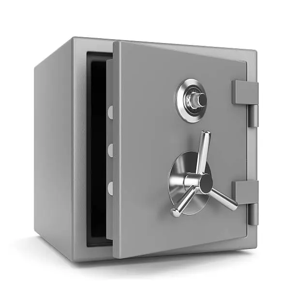 Open metal bank security safe with dial code lock isolated on white background. 3D illustration