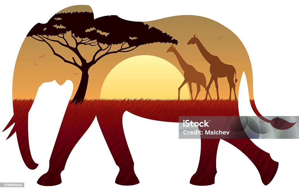 Elephant Landscape African landscape in silhouette of elephant. No transparency used. Basic (linear) gradients used. Elephant stock vector