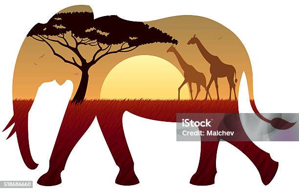 Elephant Landscape Stock Illustration - Download Image Now - Elephant, Grass, Landscape - Scenery