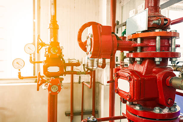 Industrial fire extinguishing system Industrial fire extinguishing system equipment gauge pressure gauge pipe valve stock pictures, royalty-free photos & images