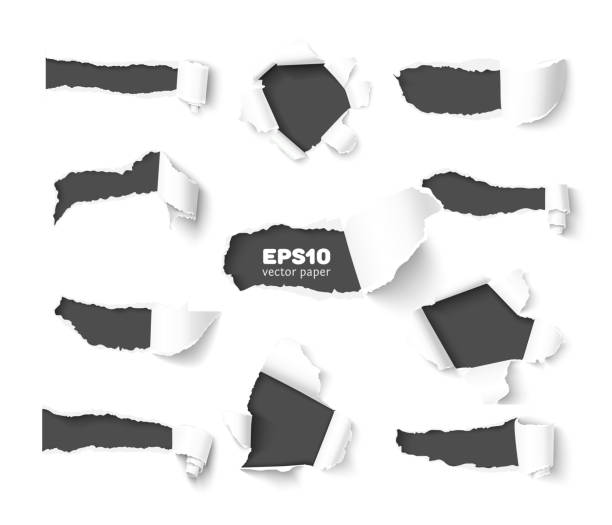 Big collection of torn paper Set of holes in white paper with torn sides over dark paper background with space for text. Realistic vector torn paper with ripped edges. Damage paper with folded sides torn stock illustrations