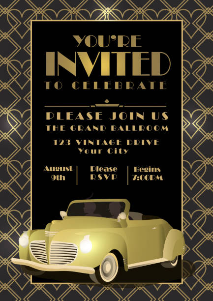Art Deco style vintage invitation design template Vector Illustration of a Art Deco style vintage invitation design template with black and gold heart background. Classic convertible car. gatsby stock illustrations