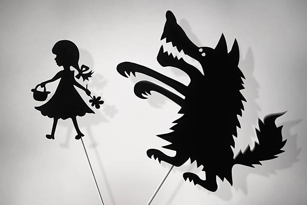 Little Red Riding Hood and the Big Bad Wolf shadow puppets and their shades, copy spase background.