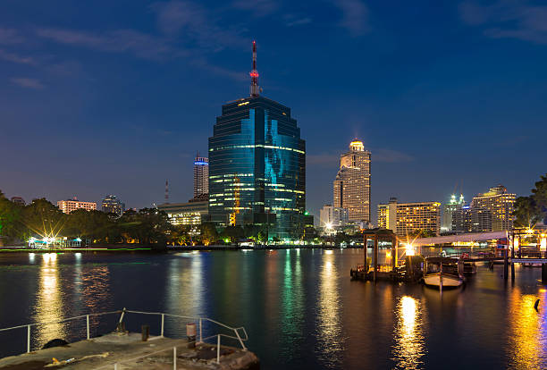istock Bangkok cityscape river side with harbour at twilight time, Thai 518699307