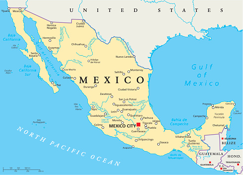Mexico Political Map with capital Mexico City, national borders, most important cities, rivers and lakes. English labeling and scaling. Illustration.