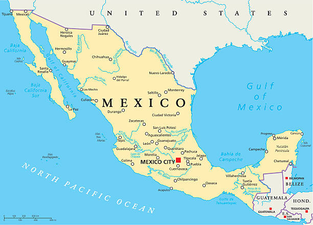 Mexico Political Map Mexico Political Map with capital Mexico City, national borders, most important cities, rivers and lakes. English labeling and scaling. Illustration. sea of cortes stock illustrations