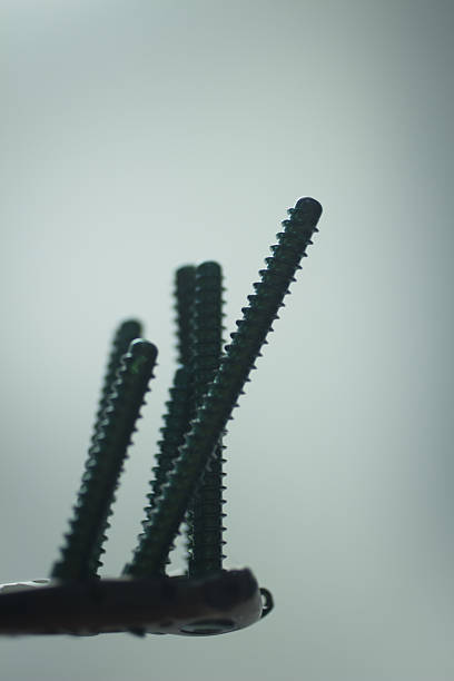 Traumatology orthopedic surgery implant plate and screws Traumatology orthopedic surgery implant plate and screws in semi silhouette against plain studio background. Closeup macro vertical photograph in blue tones. tornillo stock pictures, royalty-free photos & images