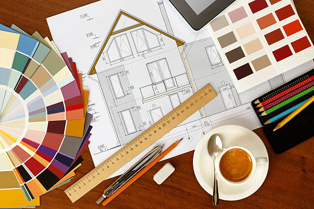 istock architectural facade drawing, Two color palette guide, pencils a 518702718